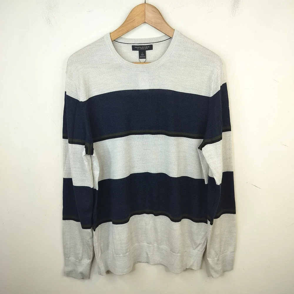 Banana Republic Merino Wool Sweater Mens Large Striped Crew Pullover NEW Navy